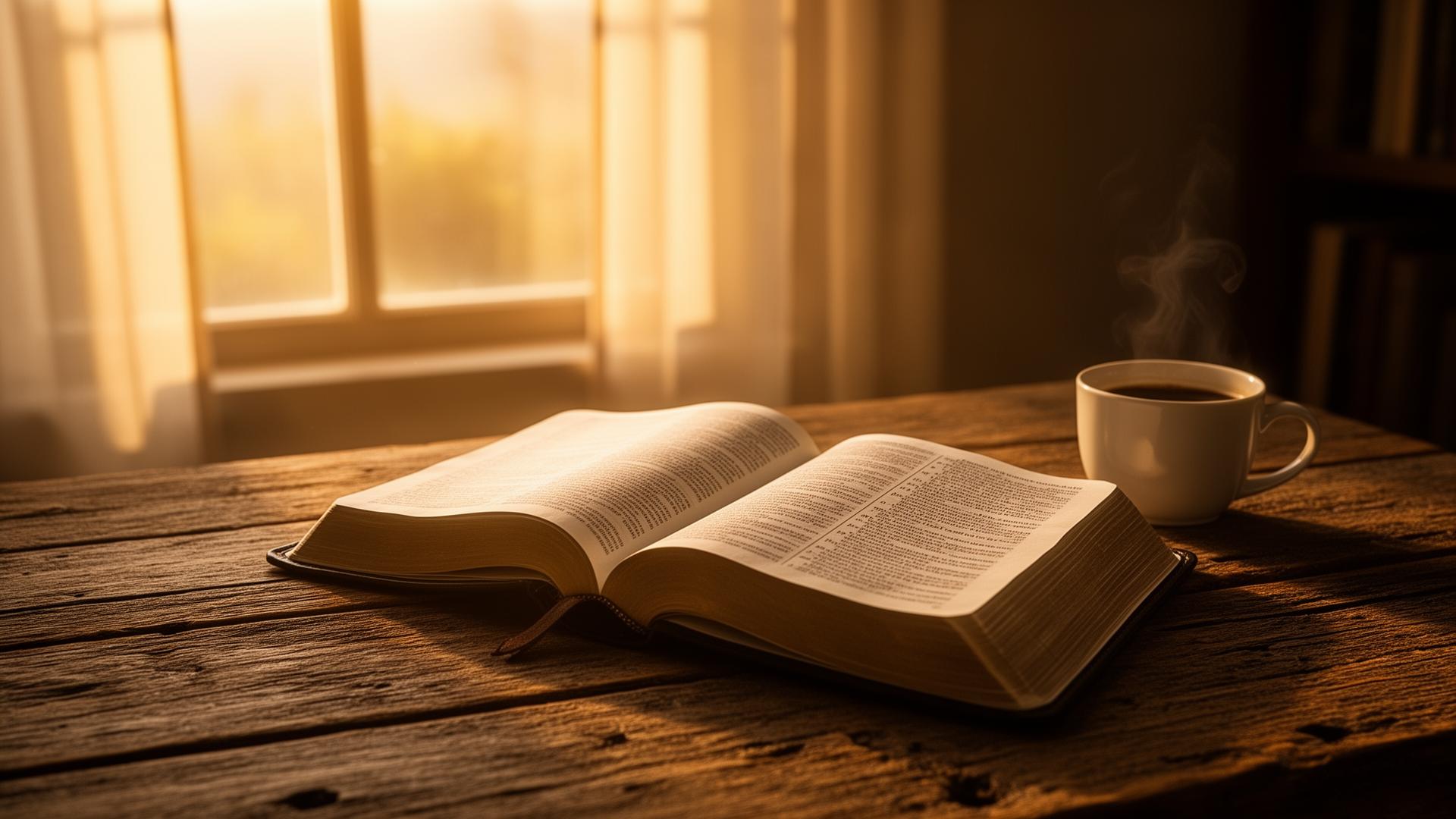 Open Bible with warm morning light